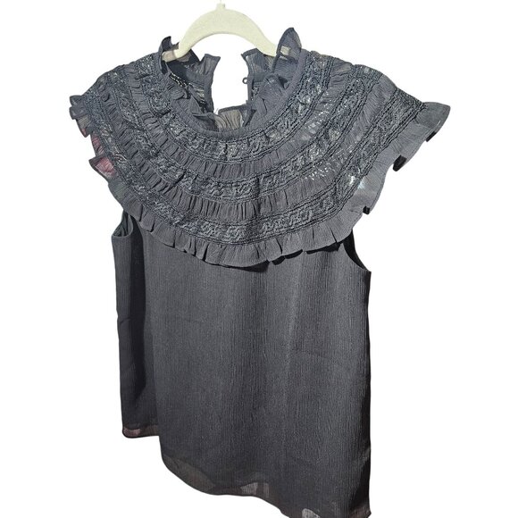 Ann Taylor Black Sleeveless Lace Yoke Blouse With Ruffle Details Size S - Picture 1 of 4